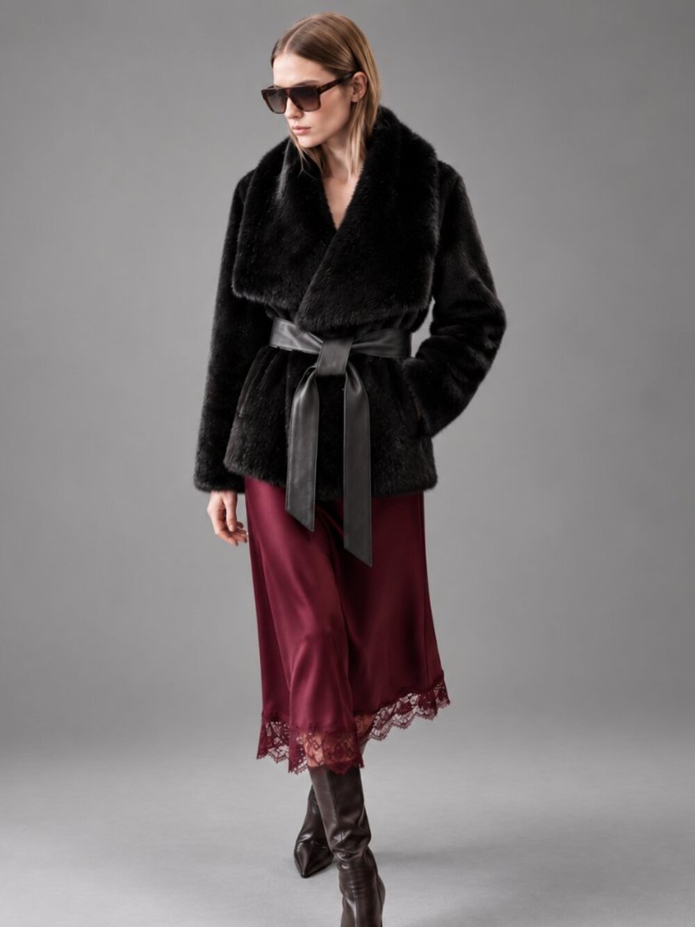 MARCIA​NO Reversible Faux Fur Belted Jacket | Black | Size XS